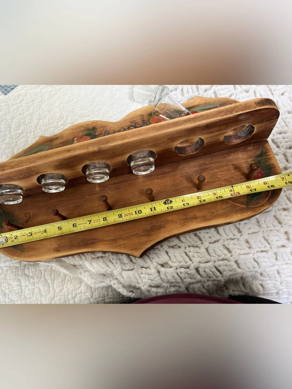 Vintage Floral Hand-Painted Wood Wall Peg Rack votive or spice bottle holder